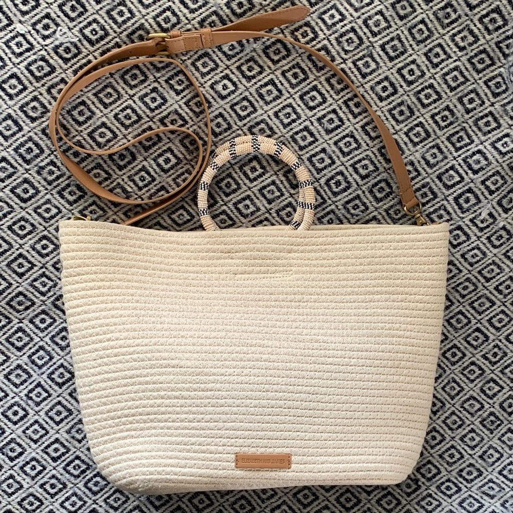 ELIZABETH AND JAMES CREAM RESORT BAG SUMMER TOTE VACATION BEACH BEADED HANDLE